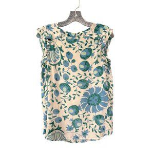 Loft Womens Floral Sleeveless Blouse White & Blue Size S Ruffled Neckline